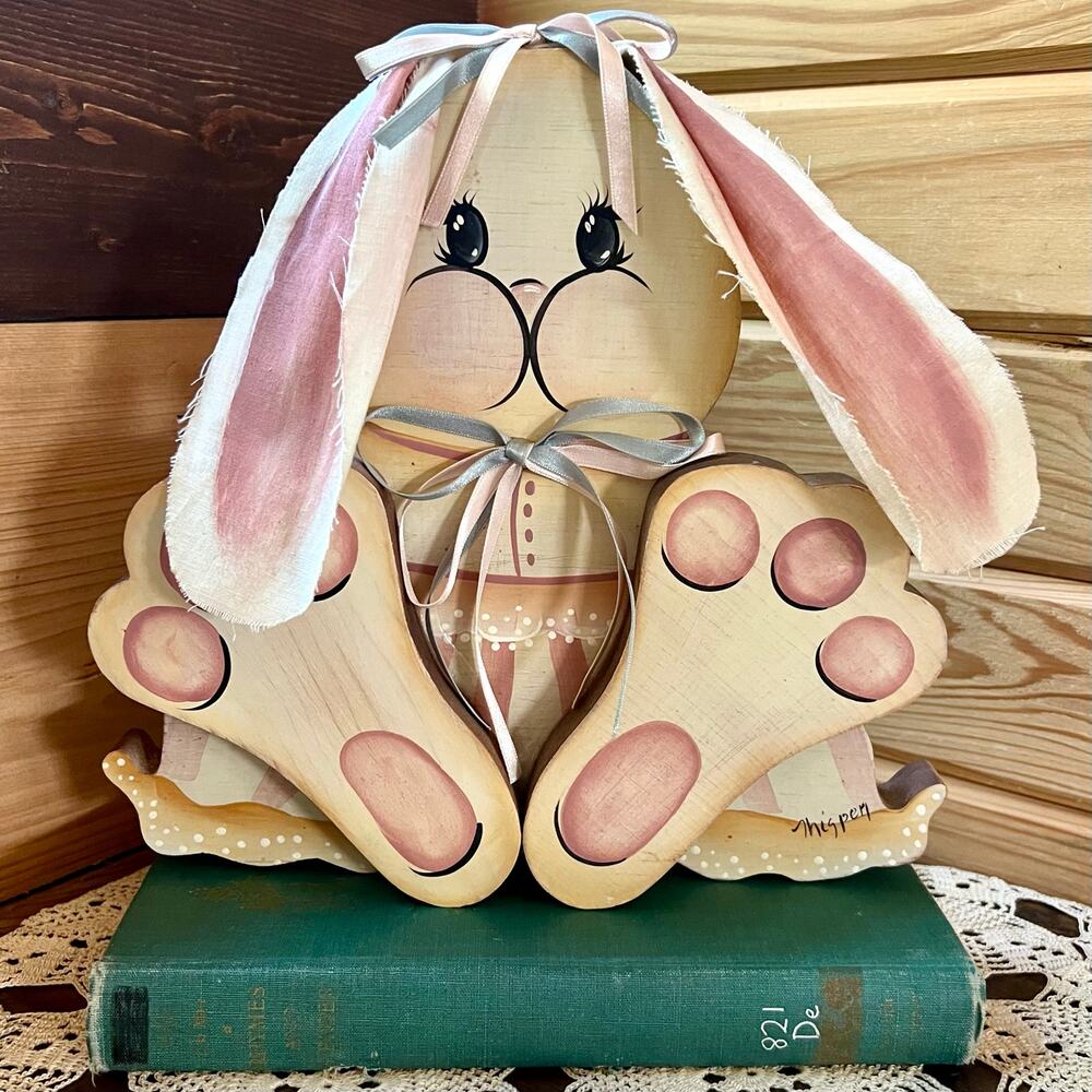 Vintage 1992 Hand Painted Wood Bunny Wall Hanging Folk Art Nursery Cottage Decor